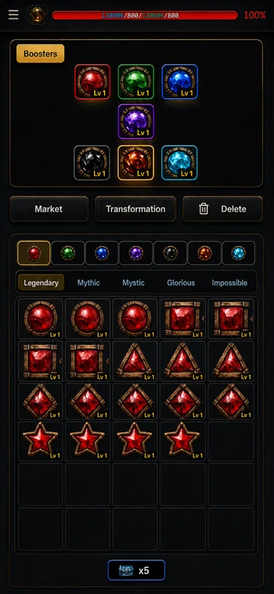 Alchemy boosters — seven gem lines across five rarities