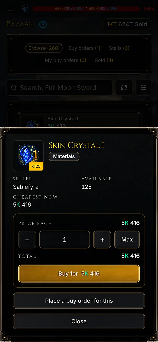 Player bazaar listings