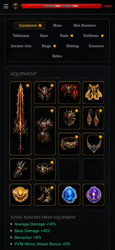 Character screen — full equipment doll with total bonuses