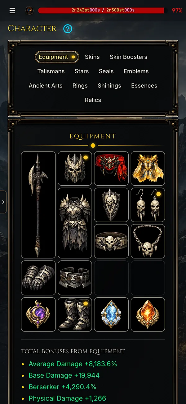 Character screen with equipped gear and total bonuses