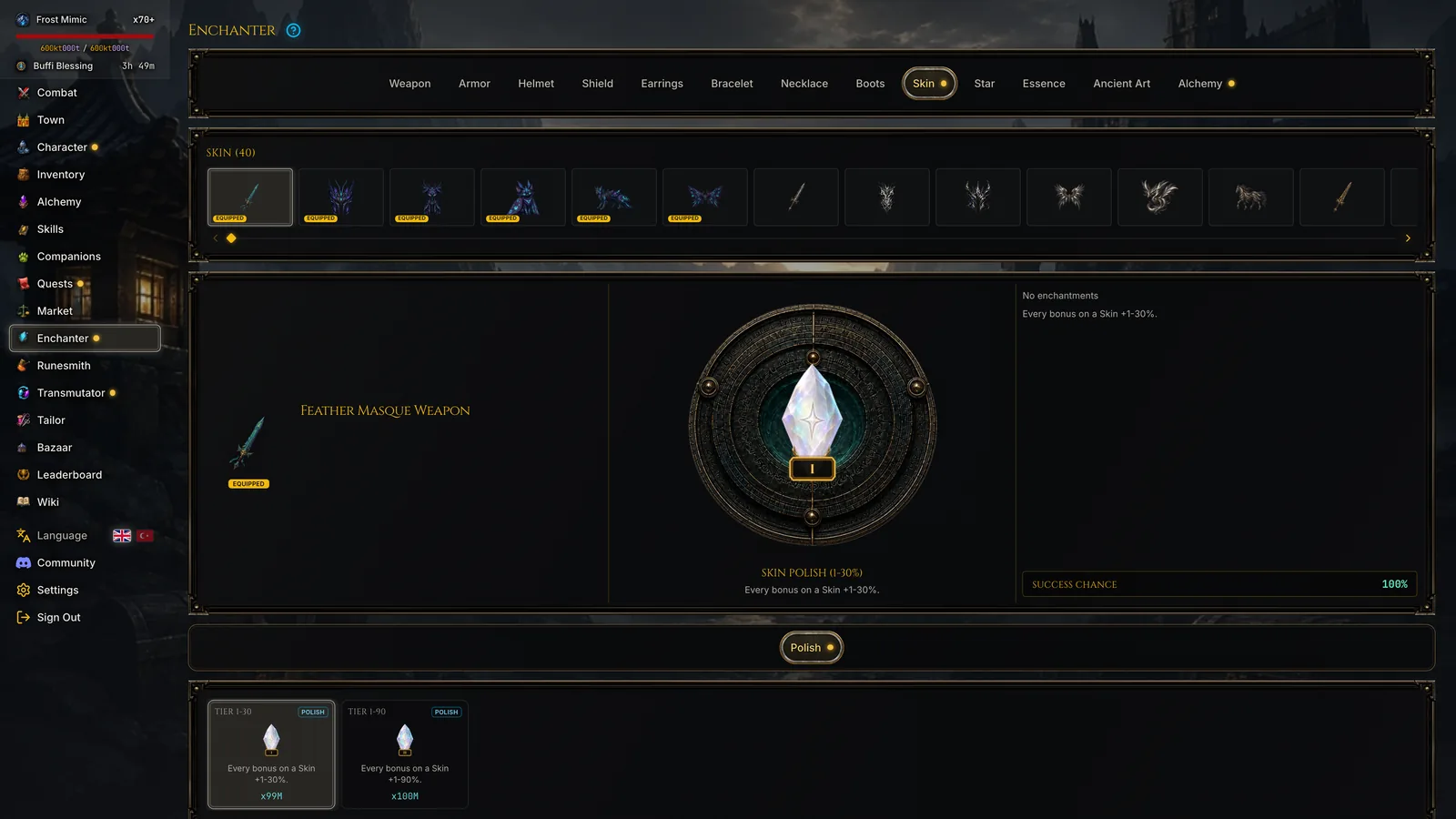 Enchanter with a Polish stone selected on a skin