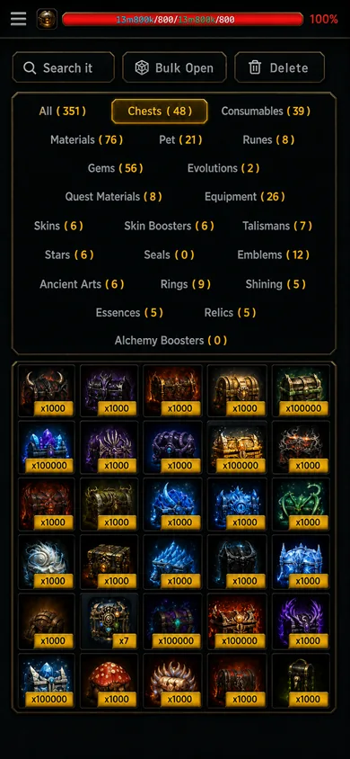 Inventory — 351 items across chests, gems and materials