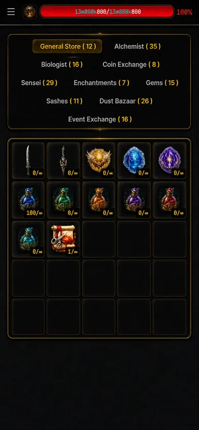 NPC shops — general store, alchemist, sensei and more