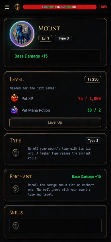 Mount — level, type and enchant rolls