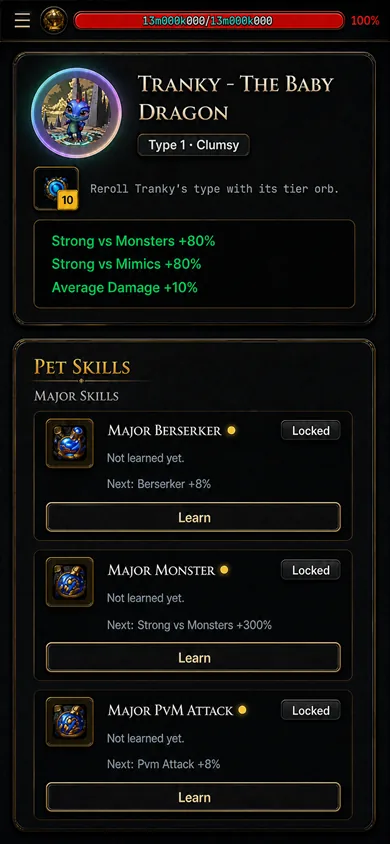 Tranky the baby dragon — pet skills and tier orbs