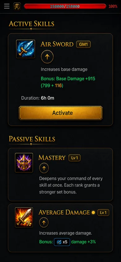 Active and passive skills — Air Sword and Mastery