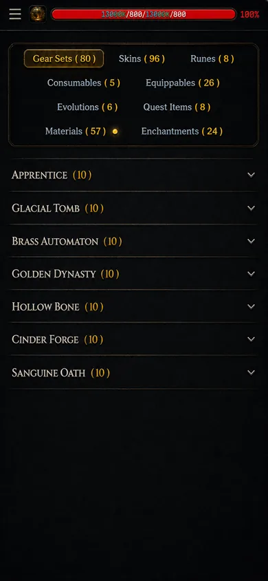 Transmutator — gear sets, skins and materials