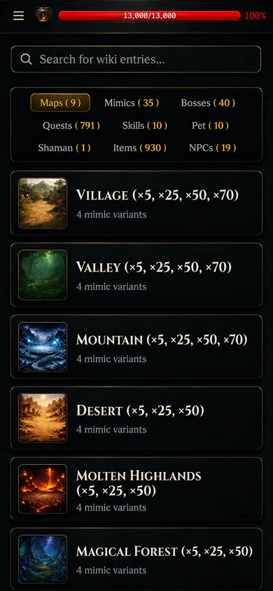 In-game wiki — maps, mimics, bosses and 930 items